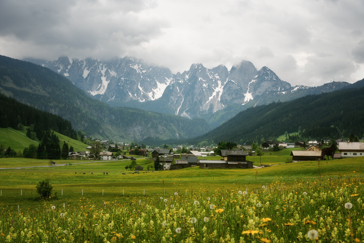 Colorful outdoor scene in the Austrian Alps. Summer sunny day in the Gosau village on the Grosse Bischofsmutze mountain range, Austria, Europe.